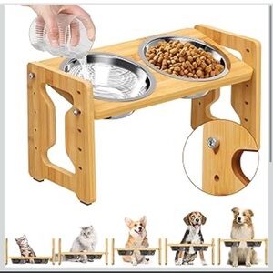 Adjustable Bamboo Pet Feeder with Stainless Steel Bowls